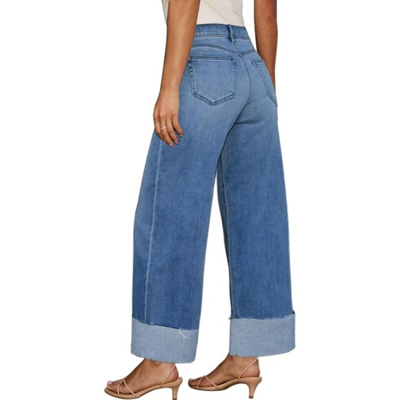 Women's Wide Leg Jeans Stretch Raw Hem High Rise Casual Cool Trendy - Picture 5 of 6